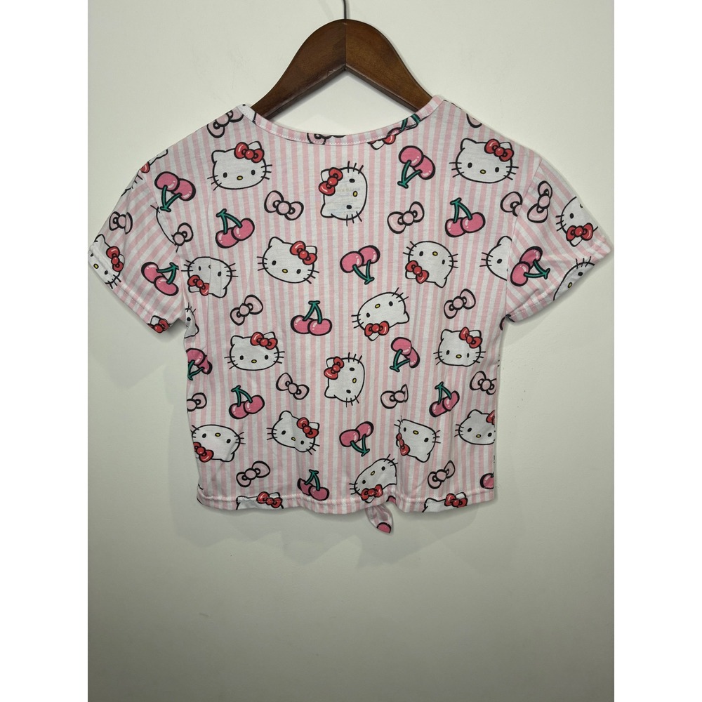 Hello Kitty Sanrio Girls Pink Striped Cherry Front Tie Crop Top Shirt 8/10